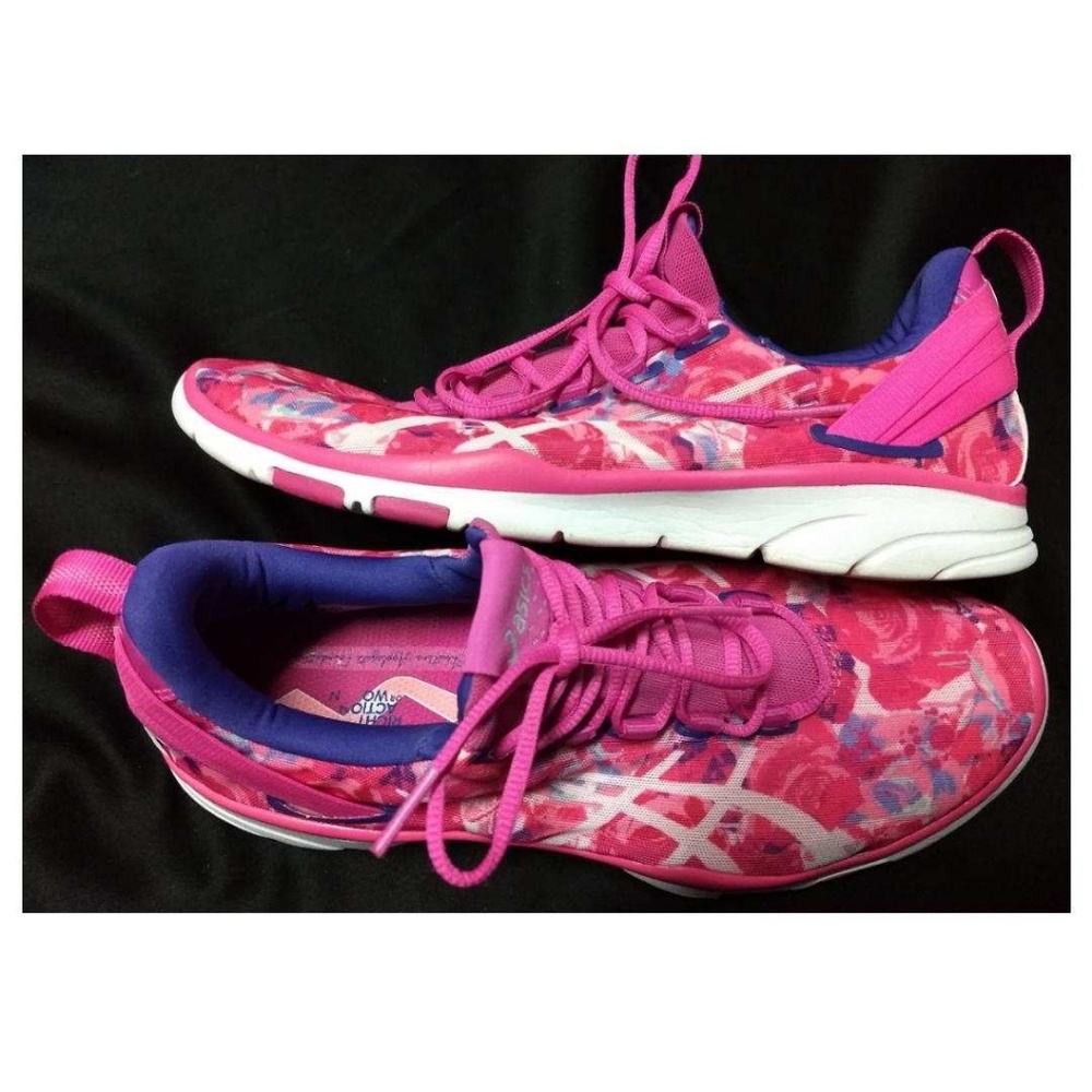 Asics, rose pattern lightweight running shoes.
